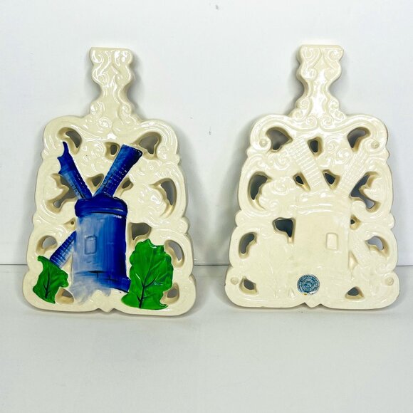 Fred Roberts Co. Porcelain Dutch Windmill Design Set 2 Ceramic White Blue Green - Picture 3 of 12